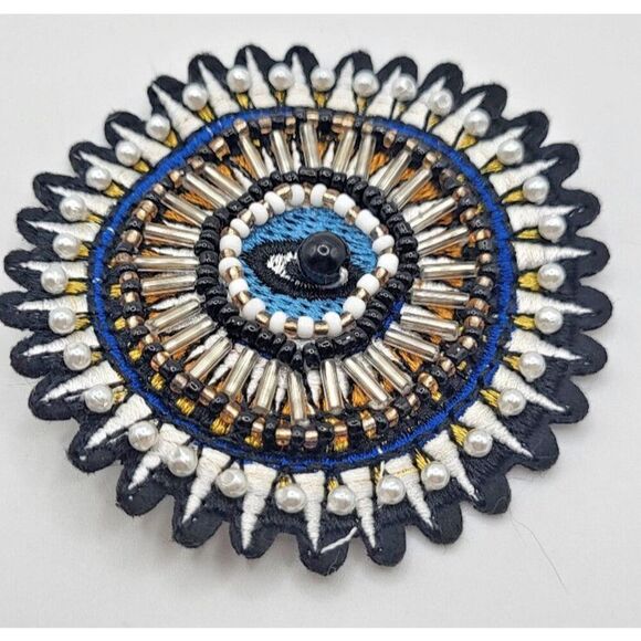 Beautiful Embroidered Beaded Circular Eyeball Applique Festival Sew On 2.5in - Picture 1 of 2